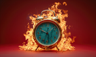 Time in Flames: Alarm Clock Engulfed in Fire, Symbolizing the Pressing Urgency and Stress of Time Passing Swiftly