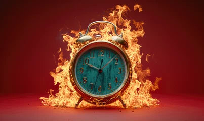 Fotobehang Time in Flames: Alarm Clock Engulfed in Fire, Symbolizing the Pressing Urgency and Stress of Time Passing Swiftly © STORYTELLER