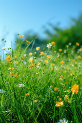 Bright green grass and flowers background