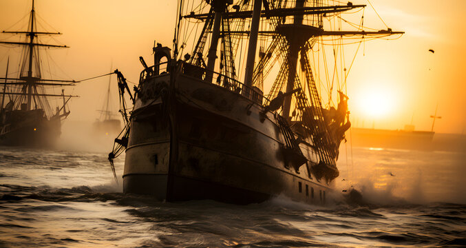 an image of a ship in the ocean during sunset