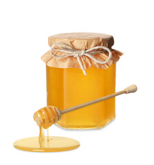 Natural honey dripping from dipper. Jar full of honey on white background