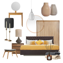 Stylish bedroom interior with different decorative elements and furniture on white background. Mood...