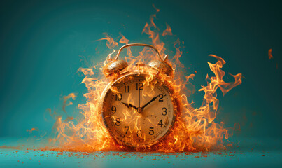Time in Flames: Alarm Clock Engulfed in Fire, Symbolizing the Pressing Urgency and Stress of Time Passing Swiftly