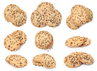Delicious crackers with flax, sunflower and sesame seeds isolated on white, set