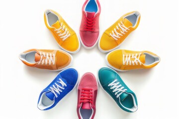 Multi-colored sneakers are arranged in a perfectly