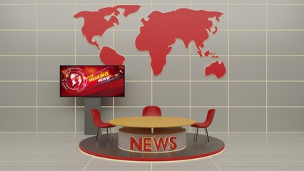wood table and lcd background in the news studio room.3d rendering.	