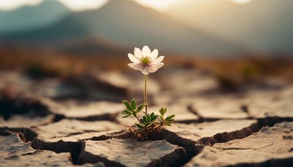A single pink flower blooming on cracked dry land, dry, wilderness