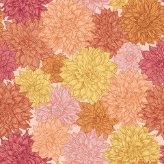 Seamless pattern with blooming dahlias. Vector. Warm colors. Vintage natural background. - 743273644