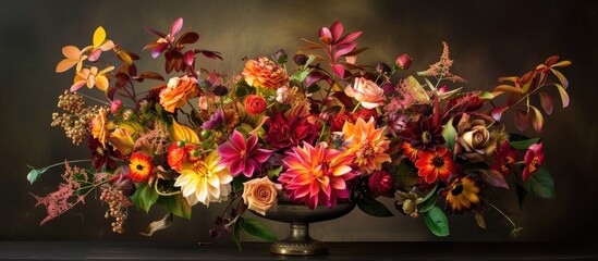 A vase filled to the brim with a variety of vibrant flowers showcasing the colors of fall. The arrangement exudes beauty and fragrance as the flowers gracefully embrace the season.
