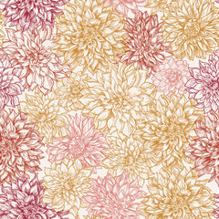 Linear art floral seamless pattern. Modern background with dahlia flowers. - 743273682
