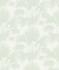 Laconic light green seamless pattern with sabal palm bushes. Tropical light modern background. Vector design element. - 743273878