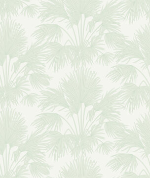 Laconic light green seamless pattern with sabal palm bushes. Tropical light modern background. Vector design element.