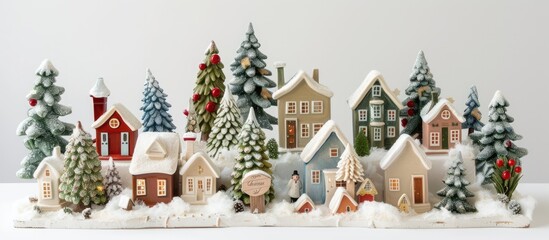 A group of small decorative Christmas houses covered in snow, with miniature ceramic houses, handmade wooden trees, and cheerful holiday greetings on a white background.