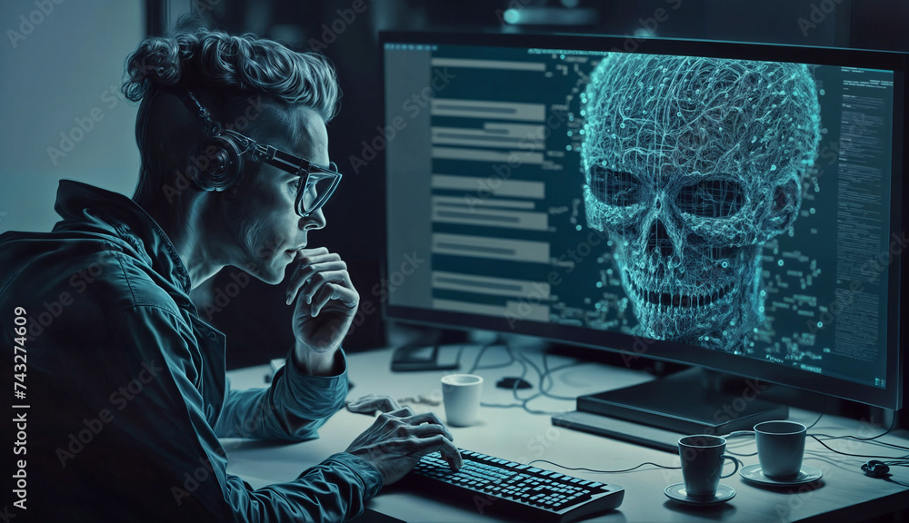 Poster a man in a dark room in front of a computer with a skull on the screen.