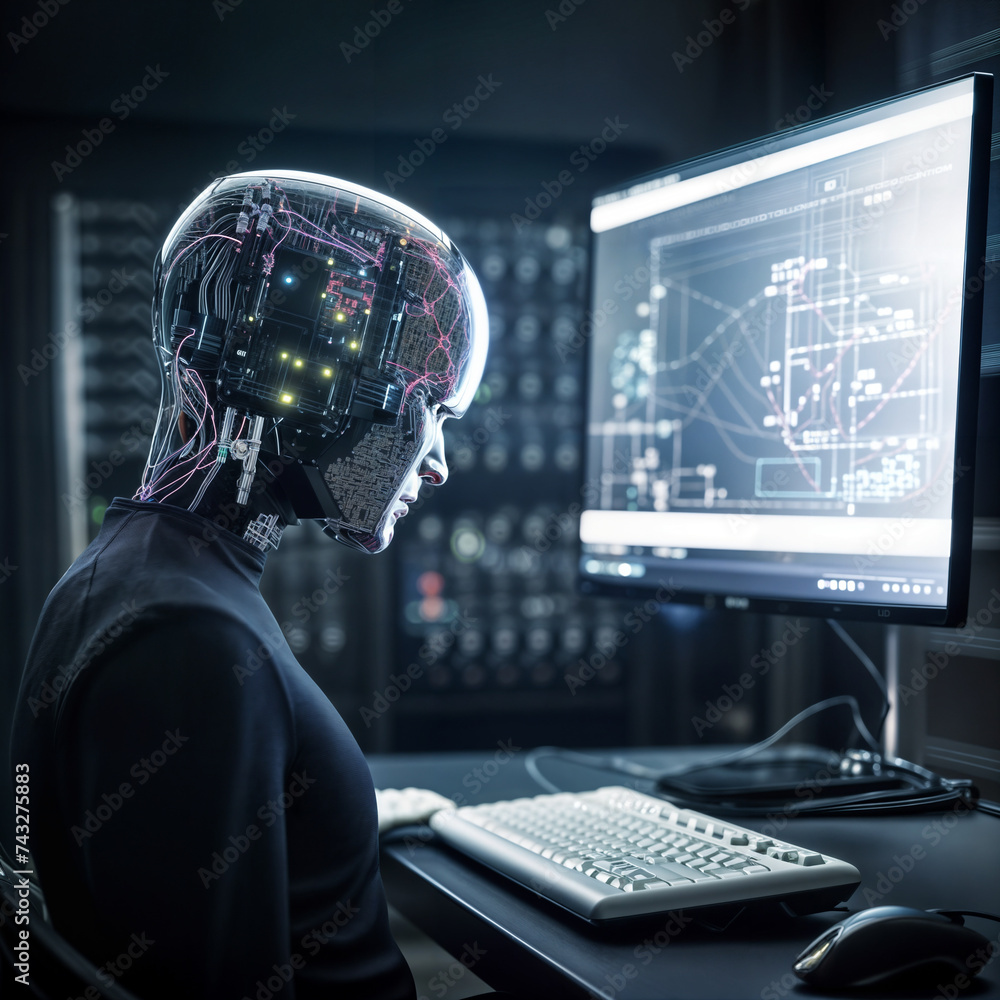 Poster a robot with a circuitboard face sits in front of a computer with a dark background.