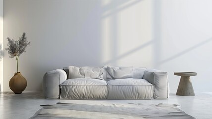Fototapeta na wymiar Minimalist living room, white wall background. Interior design concept. 3d rendering.