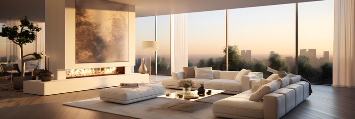 Fototapeta na wymiar Luxurious, Spacious, and Sophisticated GX-Style Living Room Interior in a Day Light Setting with a Scenic Outside View