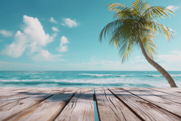 Fototapeta na wymiar Wooden floor on the beach with tropical palm trees and blue sky background, Summer holiday vacation concept