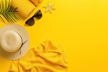 Top view hat sunglasses flip flops and towels on yellow background, Flat lay Summer holiday vacation concept - obrazy, fototapety, plakaty