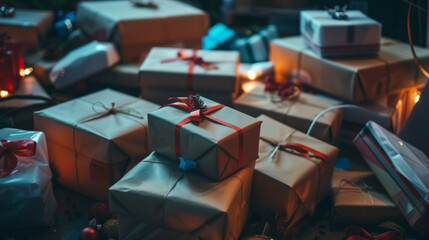 A closeup of multiple open packages containing items bought during the Cyber Monday sales strewn across a table. - obrazy, fototapety, plakaty
