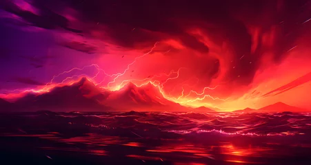 Zelfklevend Fotobehang an illustration of red and orange clouds in the sky © Emily