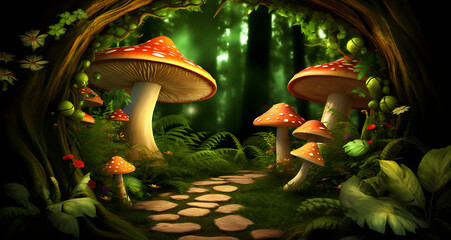 several mushrooms sit in the grass beside a pathway - Powered by Adobe