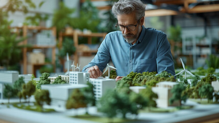 Worker, architect and engineer work on real estate construction project with clean energy, solar panel and wind turbines of urban town ,construction developer business plan of  green city, smart city