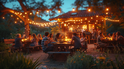 Obraz premium Diverse People Having Fun, Sharing Stories, and Eating at Outdoors Dinner Party. Family and Friends Gathered Outside Their Home on a Warm Summer Evening, summer party backyard evening