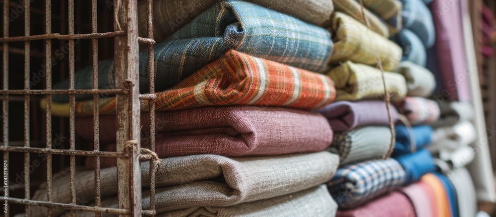 Aufkleber A stack of checkered blankets in different colors and resembling a linen texture is neatly arranged in a spacious area.
