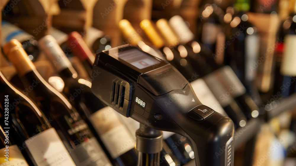 Poster closeup of a bar code scanner used to track and manage inventory in the wine cellar. each bottle is 