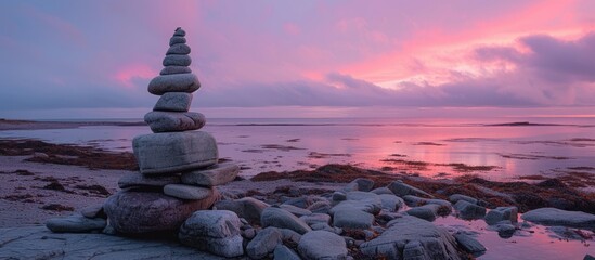 Fototapeta na wymiar A stack of rocks, known as a cairn, is positioned on a beach, illuminated by the soft pink light of the sunset. The rocks are balanced precariously on top of each other, creating a striking focal