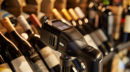 Closeup of a bar code scanner used to track and manage inventory in the wine cellar. Each bottle is scanned and inputted into a digital database for easy access and organization. - obrazy, fototapety, plakaty