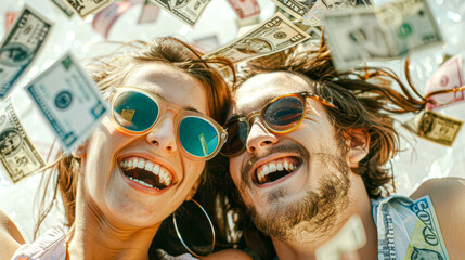 Exuberant young couple taking a selfie with money raining down, epitomizing wealth and carefree luxury.