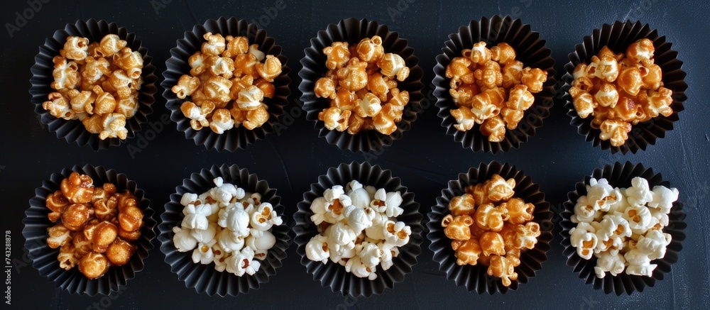 Poster a table is covered with black paper cups filled with caramel popcorn. the cups are neatly arranged i