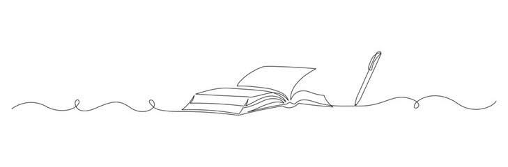 One continuous line drawing of Opened book with pen. Education in school and library studying in simple linear style. Writing draft business in Editable stroke. Doodle contour vector illustration © Olga Rai