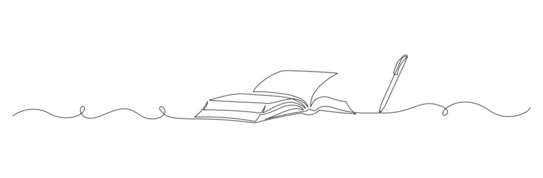 One continuous line drawing of Opened book with pen. Education in school and library studying in simple linear style. Writing draft business in Editable stroke. Doodle contour vector illustration