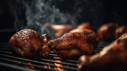 Foto op Canvas juicy seasoned chicken drumsticks on a grill with smoking, generated ai image © nahij