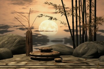 japanese landscape with bamboo, stone and moon