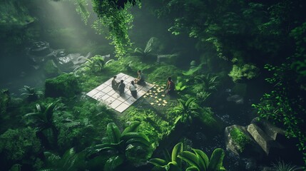 Team engaged in a team-building activity in a lush, green forest. The team members are solving a puzzle together, representing the concept.