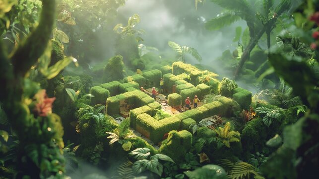 The team members are solving a puzzle together, representing the concept of teamwork and community in a natural setting, highlighting collaboration and mutual support. - Powered by Adobe