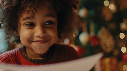A childs excited face as they write their letter to Santa dreaming of the presents they hope to receive on Christmas morning.