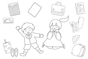 新入生の子供たちと入学準備グッズのイラスト white