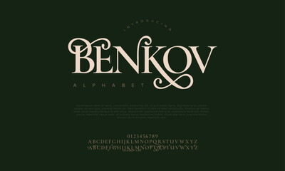 Benkov premium luxury romadhon alphabet letters and numbers. Elegant wedding typography islamic ramadan serif font decorative vintage retro. Creative vector illustration
