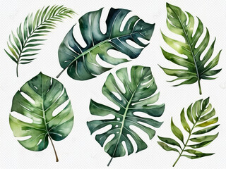 Watercolor set of tropical leaves, hibiscus, monster