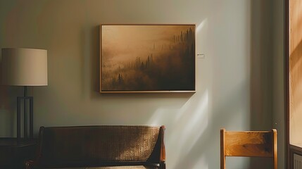brown canvas art on a wall, wooden frame for the canvas, English modern interior, unsplash, horizontal 16:9, flat, clear view, no shadows