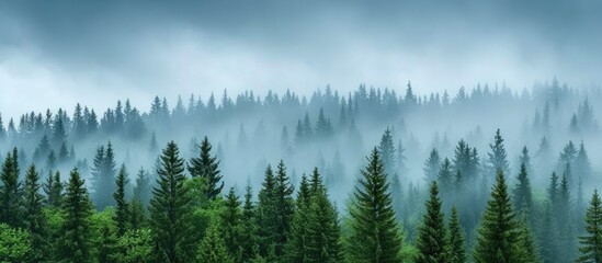 Obraz premium The image shows a forest bustling with lush green trees, creating a vibrant and lively scene. The tall pine trees stand out against the backdrop, under a clear sky during the daytime.