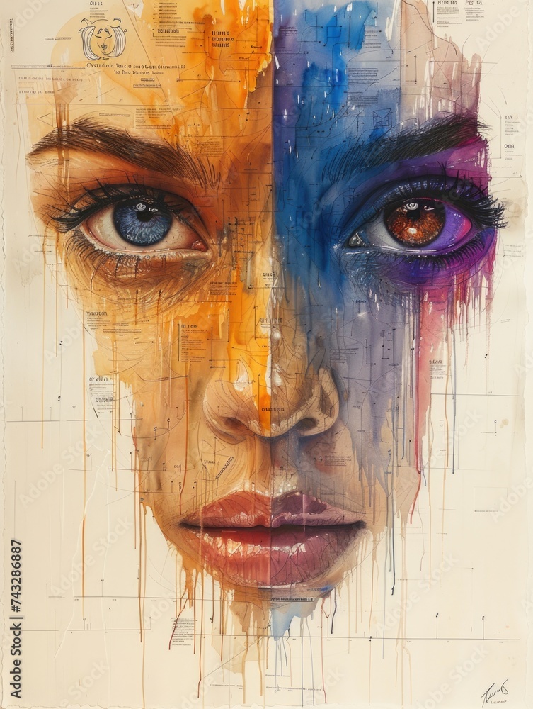 Poster close-up of a womans eye in a portrait with different color gradients creating a vibrant and engagin