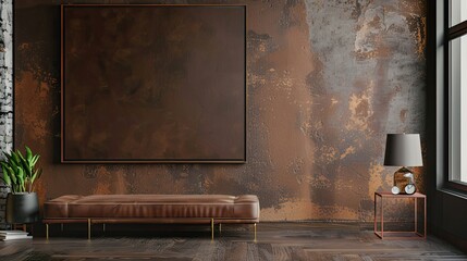 brown canvas art on a wall, wooden frame for the canvas, English modern interior, unsplash, horizontal 16:9, flat, clear view, no shadows - obrazy, fototapety, plakaty
