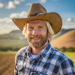 A farmer with a cowboy hat on standing out in the field