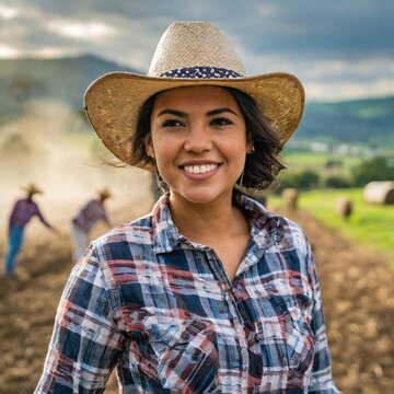 A farmer with a cowboy hat on standing out in the field